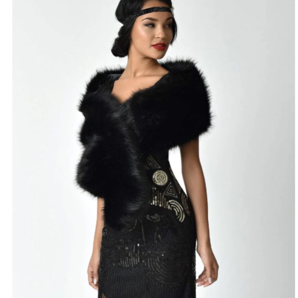 Unique Vintage Black Faux Fur Stole -